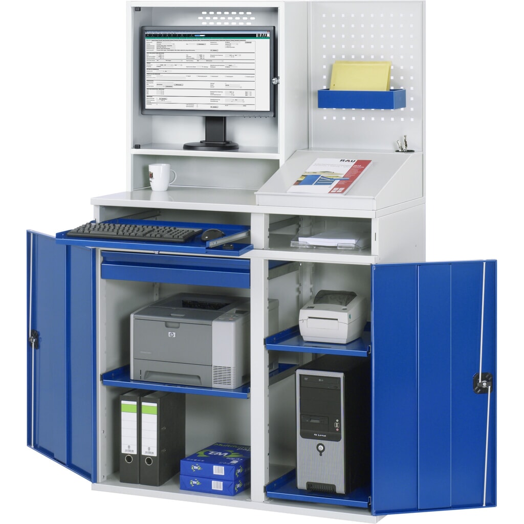 Productafbeelding nr. 3: Computerkast RAU, monitorbehuizing, uitschuifblad voor het toetsenbord, dubbele draaideur, geperforeerde achterwand, aantal lades x h x b: 1 x 80 x 650 mm