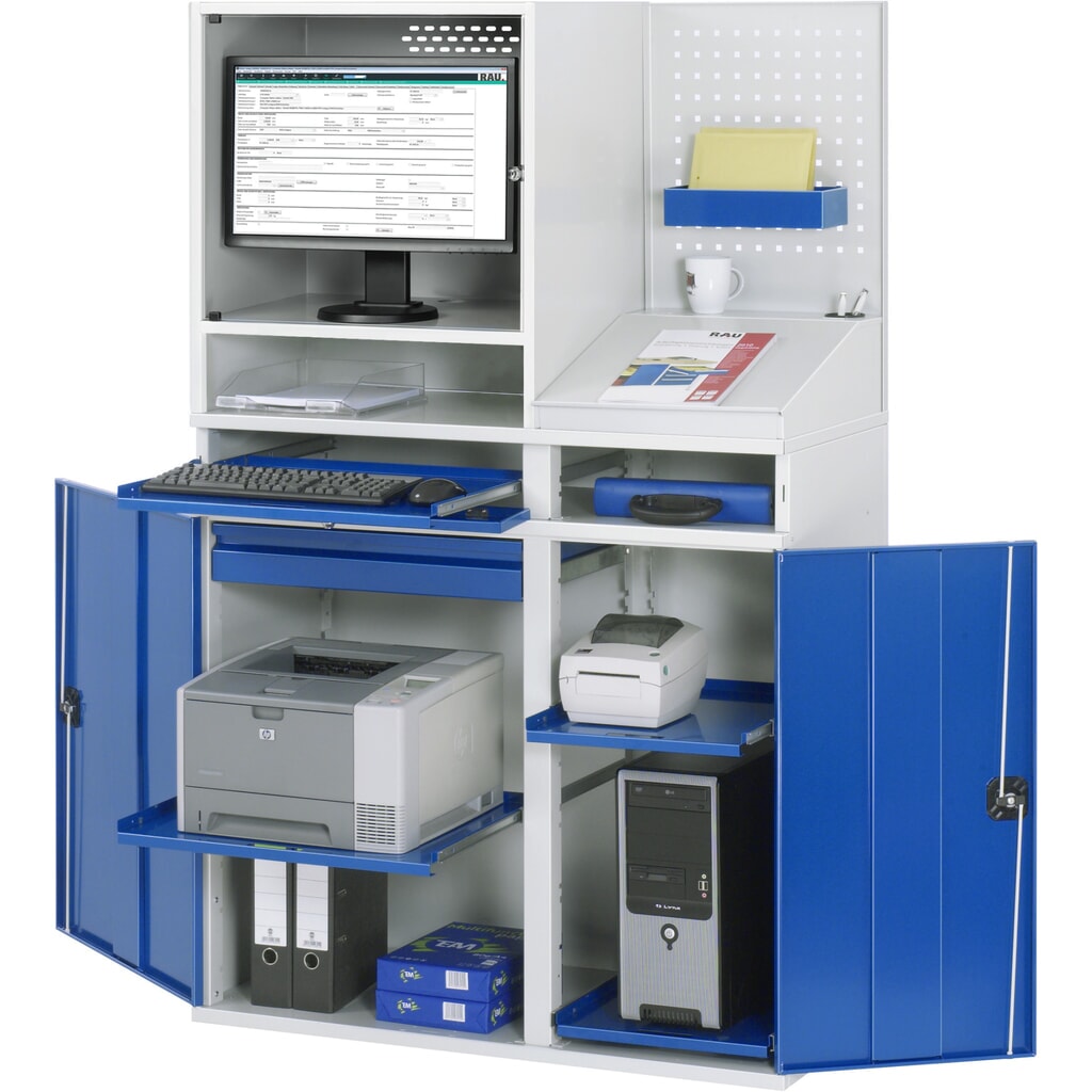 Computerkast RAU, monitorbehuizing, uitschuifblad voor het toetsenbord, dubbele draaideur, geperforeerde achterwand, aantal lades x h x b: 1 x 80 x 650 mm Product afbeelding: Computerkast RAU, monitorbehuizing, uitschuifblad voor het toetsenbord, dubbele draaideur, geperforeerde achterwand, aantal lades x h x b: 1 x 80 x 650 mm