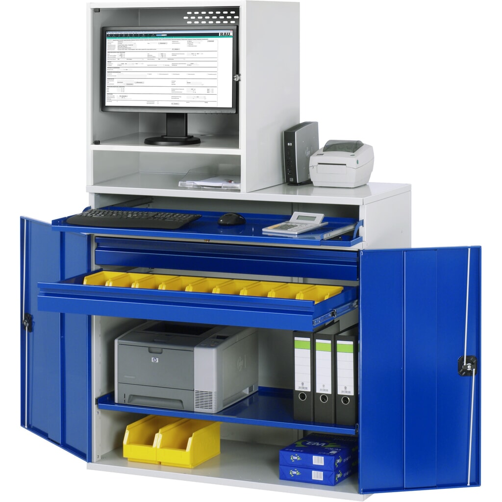Computerkast RAU, monitorbehuizing, uitschuifblad voor het toetsenbord, dubbele draaideur, aantal lades x h x b: 2 x 80 x 1.020 mm Product afbeelding: Computerkast RAU, monitorbehuizing, uitschuifblad voor het toetsenbord, dubbele draaideur, aantal lades x h x b: 2 x 80 x 1.020 mm