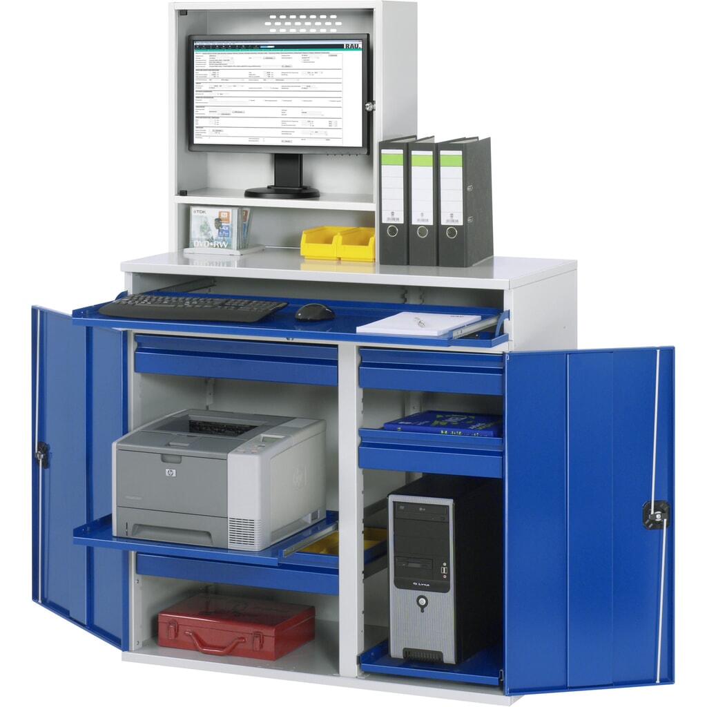 Computerkast RAU, monitorbehuizing, uitschuifblad voor het toetsenbord, dubbele draaideur, aantal lades x h x b: 4 x 80 x 450-650 mm Product afbeelding: Computerkast RAU, monitorbehuizing, uitschuifblad voor het toetsenbord, dubbele draaideur, aantal lades x h x b: 4 x 80 x 450-650 mm