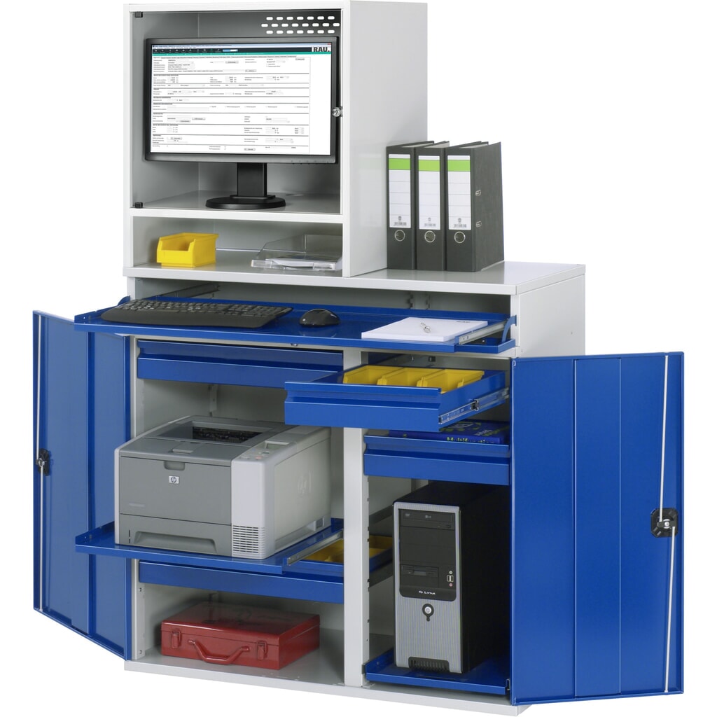 Computerkast RAU, monitorbehuizing, uitschuifblad voor het toetsenbord, dubbele draaideur, aantal lades x h x b: 4 x 80 x 450-650 mm Product afbeelding: Computerkast RAU, monitorbehuizing, uitschuifblad voor het toetsenbord, dubbele draaideur, aantal lades x h x b: 4 x 80 x 450-650 mm