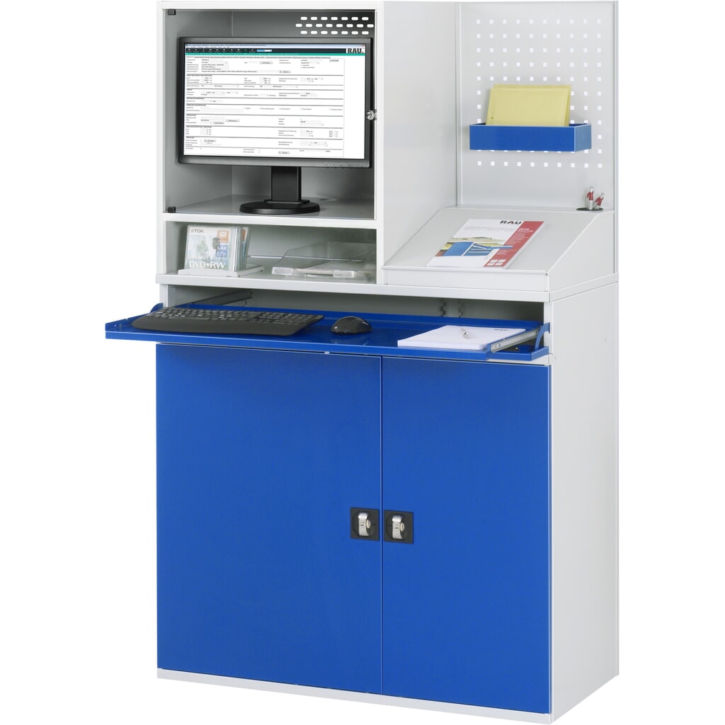 Computerkast RAU, monitorbehuizing, uitschuifblad voor het toetsenbord, geperforeerde achterwand, dubbele draaideur, stationair Productafbeelding nr. 3: Computerkast RAU, monitorbehuizing, uitschuifblad voor het toetsenbord, geperforeerde achterwand, dubbele draaideur, stationair