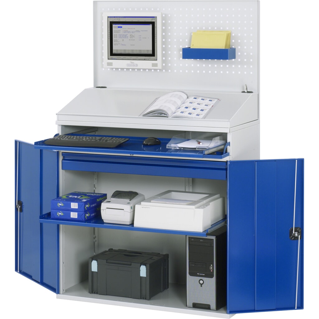 Computerkast RAU, uitschuifblad voor het toetsenbord, dubbele draaideur, geperforeerde achterwand, aantal lades x h x b: 1 x 80 x 1.020 mm, stationair Product afbeelding: Computerkast RAU, uitschuifblad voor het toetsenbord, dubbele draaideur, geperforeerde achterwand, aantal lades x h x b: 1 x 80 x 1.020 mm, stationair