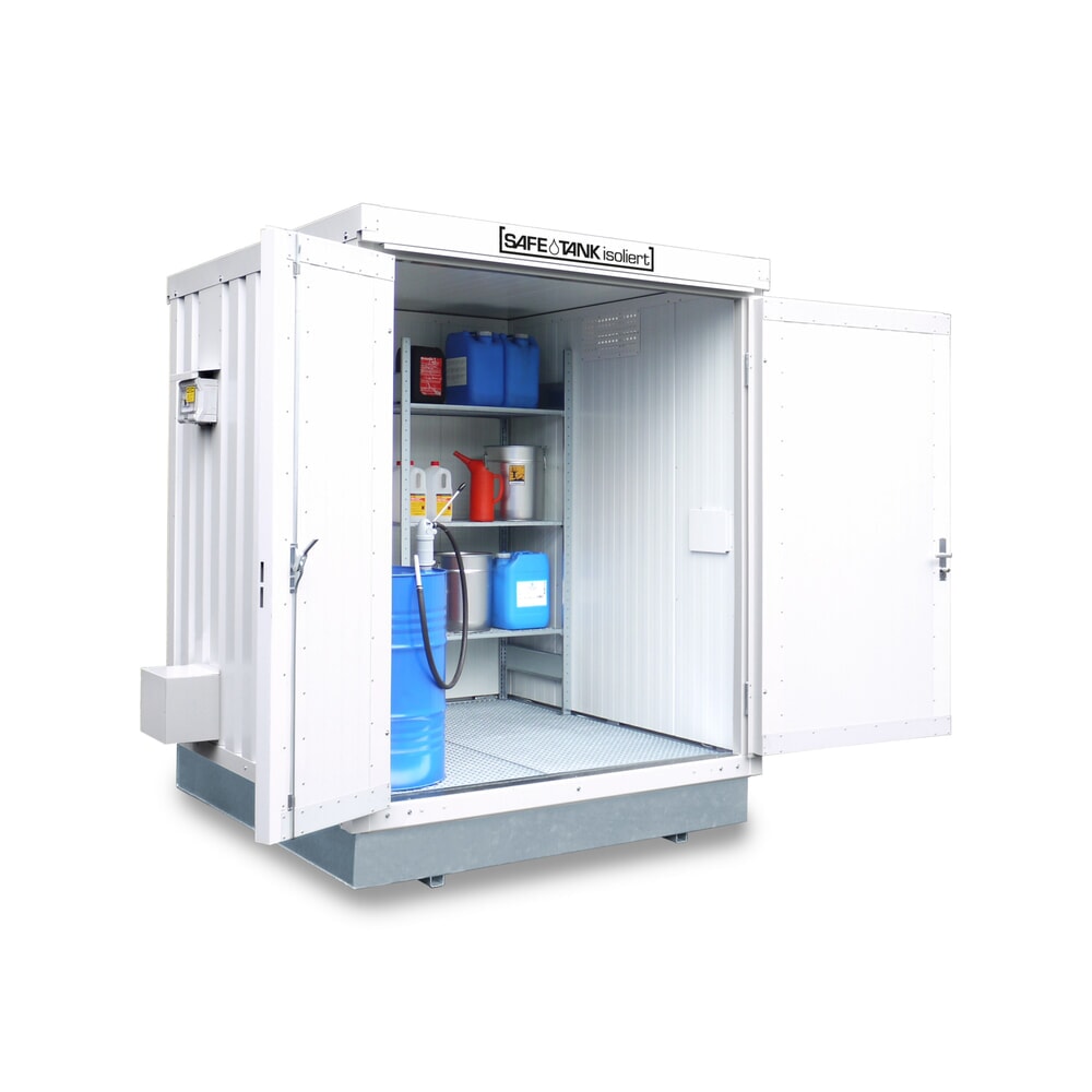 Product afbeelding: Container voor gevaarlijke stoffen SAFE Tank 400 KTC ALG, geïsoleerd, buitenoprek, gemonteerd, met kunststof coating RAL 9002, buitenafmetingen 2.400x2.170x2.650 mm, dubbele draaideur (asymmetrische verdeling), centraal in de voorzijde, opslagruimte 4