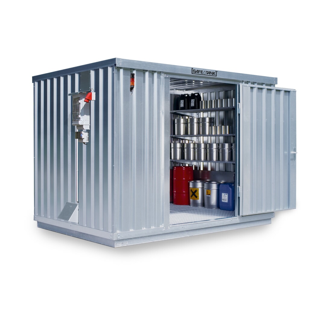 Product afbeelding: Container voor gevaarlijke stoffen SAFE Tank 1000 CONTROL, geautomatiseerd explosiebeschermingssysteem voor maximale energie-efficiëntie en veiligheid, buitenafmetingen 3.350x2.170x2.310 mm, enkele draaideur, centraal in de korte zijde, opslagruimte 6