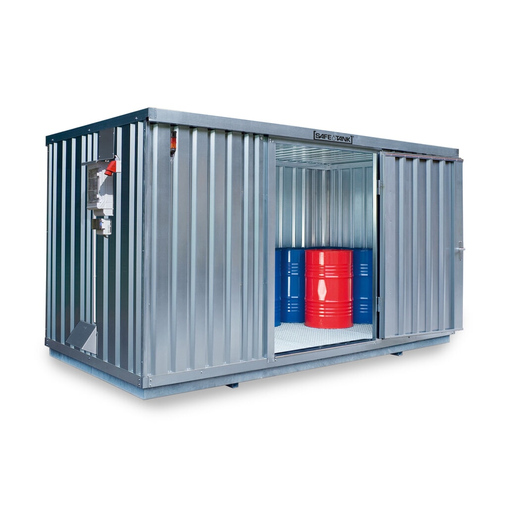 Product afbeelding: Container voor gevaarlijke stoffen SAFE Tank 1350 CONTROL, geautomatiseerde explosiebeveiliging voor maximale energie-efficiëntie en veiligheid, buitenafmetingen 4.350x2.170x2.300 mm, enkele draaideur, centraal in de zijde van 4 meter, opslagruimte 8 m²