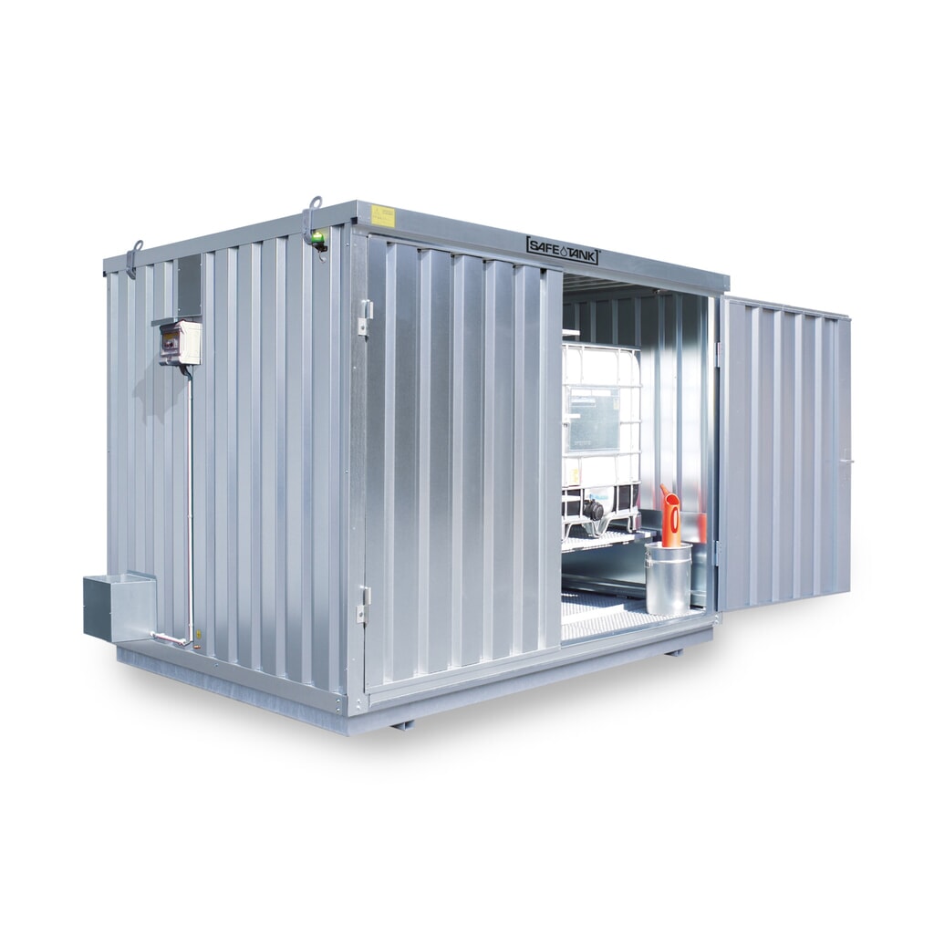 Product afbeelding: Container voor gevaarlijke stoffen SAFE Tank 1000 KTC ECO, energiezuinig dankzij vraaggestuurde ventilatorregeling, buitenafmetingen 3.350x2.170x2.310 mm, dubbele draaideur, centraal in de brede zijde, opslagruimte 6 m²