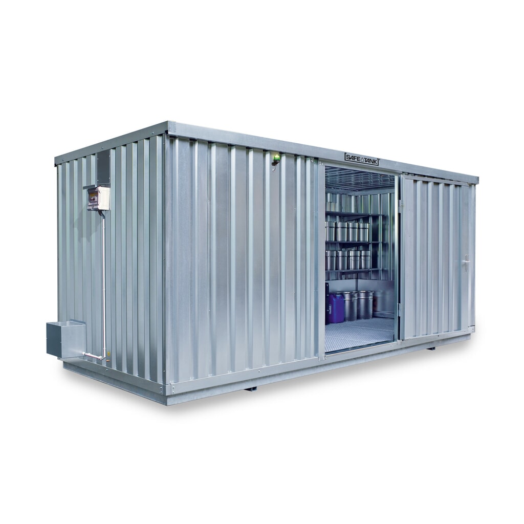 Container voor gevaarlijke stoffen SAFE Tank 1900 ECO, energiezuinig dankzij vraaggestuurde ventilatorregeling, buitenafmetingen 6.380x2.170x2.310 mm, enkele draaideur, centraal in de brede zijde, opslagruimte 12 m² Product afbeelding: Container voor gevaarlijke stoffen SAFE Tank 1900 ECO, energiezuinig dankzij vraaggestuurde ventilatorregeling, buitenafmetingen 6.380x2.170x2.310 mm, enkele draaideur, centraal in de brede zijde, opslagruimte 12 m²