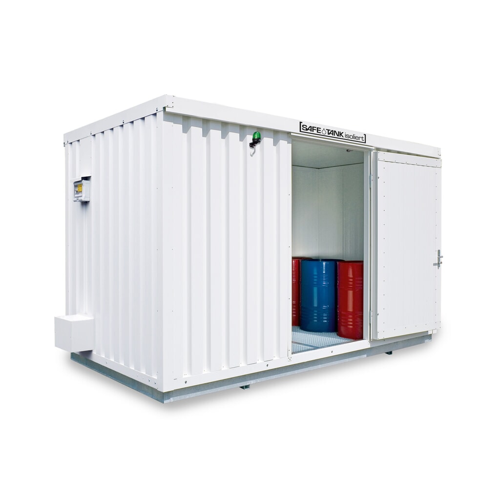 Product afbeelding: Container voor gevaarlijke stoffen SAFE Tank 1350 ECO, geïsoleerd, energiezuinig dankzij vraaggestuurde ventilatorregeling, buitenafmetingen 4.350x2.170x2.510 mm, enkele draaideur, centraal in de brede zijde, opslagruimte 7 m²
