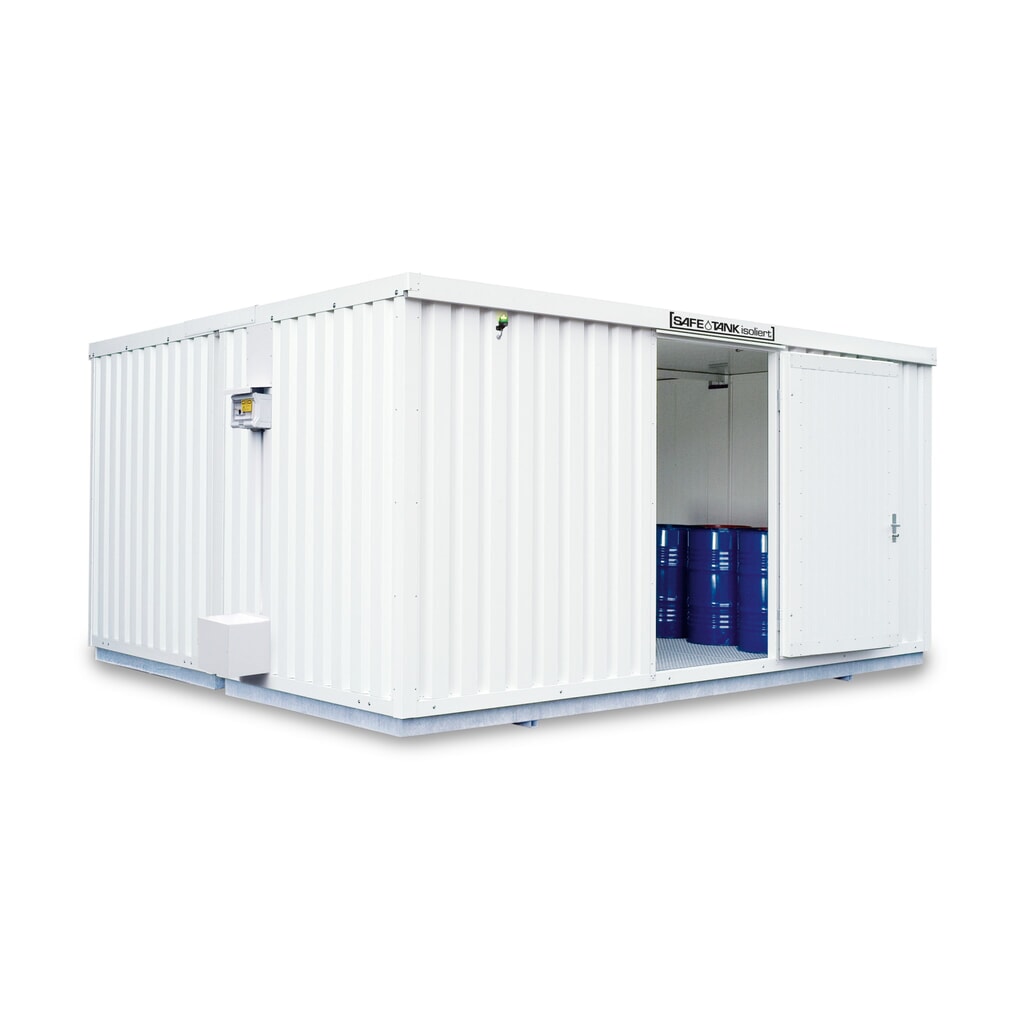 Product afbeelding: Container voor gevaarlijke stoffen SAFE Tank 4000 ECO, geïsoleerd, energiezuinig dankzij vraaggestuurde ventilatorregeling, buitenafmetingen 5.380x4.340x2.520 mm, enkele draaideur, centraal in de zijde van 4 meter, opslagruimte 21 m²