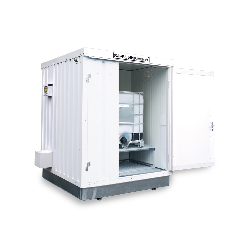 Product afbeelding: Container voor gevaarlijke stoffen SAFE Tank 400 KTC ECO, geïsoleerd, energiezuinig dankzij vraaggestuurde ventilatorregeling, buitenafmetingen 2.400x2.170x2.650 mm, enkele draaideur, centraal in de brede zijde, opslagruimte 4 m²