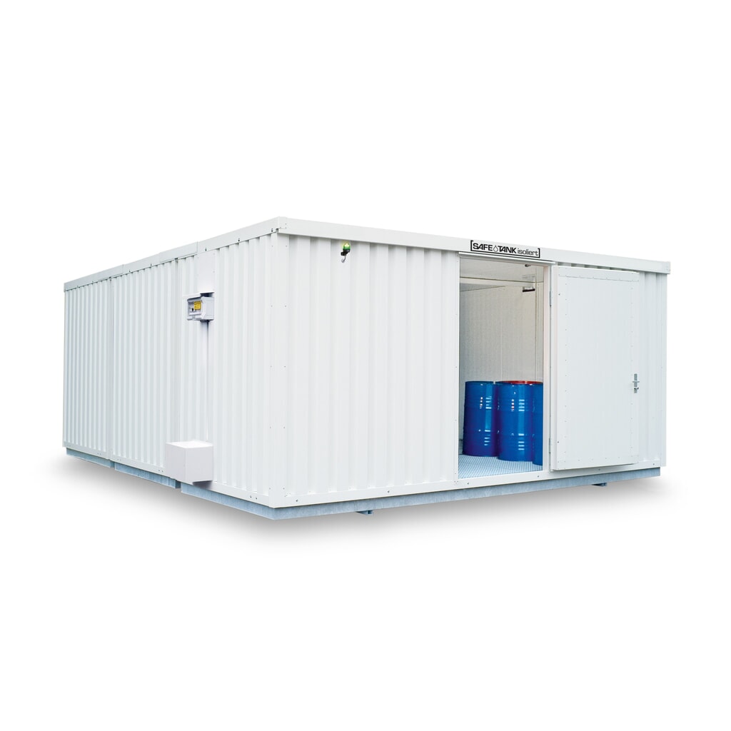 Product afbeelding: Container voor gevaarlijke stoffen SAFE Tank 5000 ECO, geïsoleerd, energiezuinig dankzij vraaggestuurde ventilatorregeling, buitenafmetingen 5.380x6.520x2.520 mm, enkele draaideur, zijdelings in de zijde van 6 meter, opslagruimte 30 m²
