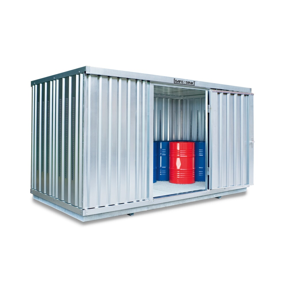 Productafbeelding nr. 1: Container voor gevaarlijke stoffen SAFE Tank 1350 PLG, buitenoprek, verzinkt, gemonteerd. Buitenafmetingen 4.050x2.170x2.300 mm, enkele draaideur, centraal in de zijde van 2 m, opslagruimte 8 m²