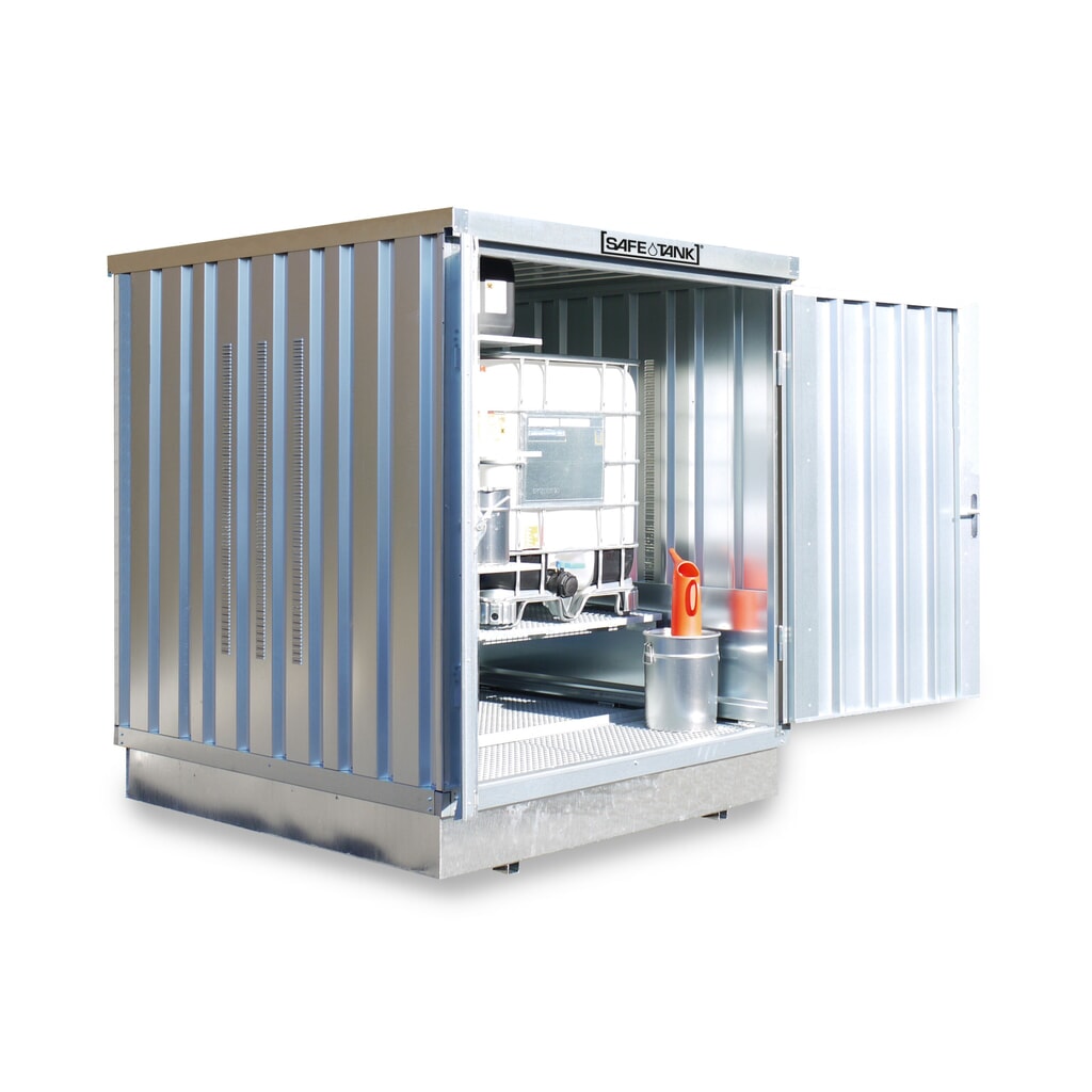 Product afbeelding: Container voor gevaarlijke stoffen SAFE Tank 1000 PLG, buitenoprek, verzinkt, gemonteerd, buitenafmetingen 3.050x2.170x2.350 mm, dubbele draaideur, centraal in de zijde van 3 m, opslagruimte 6 m²