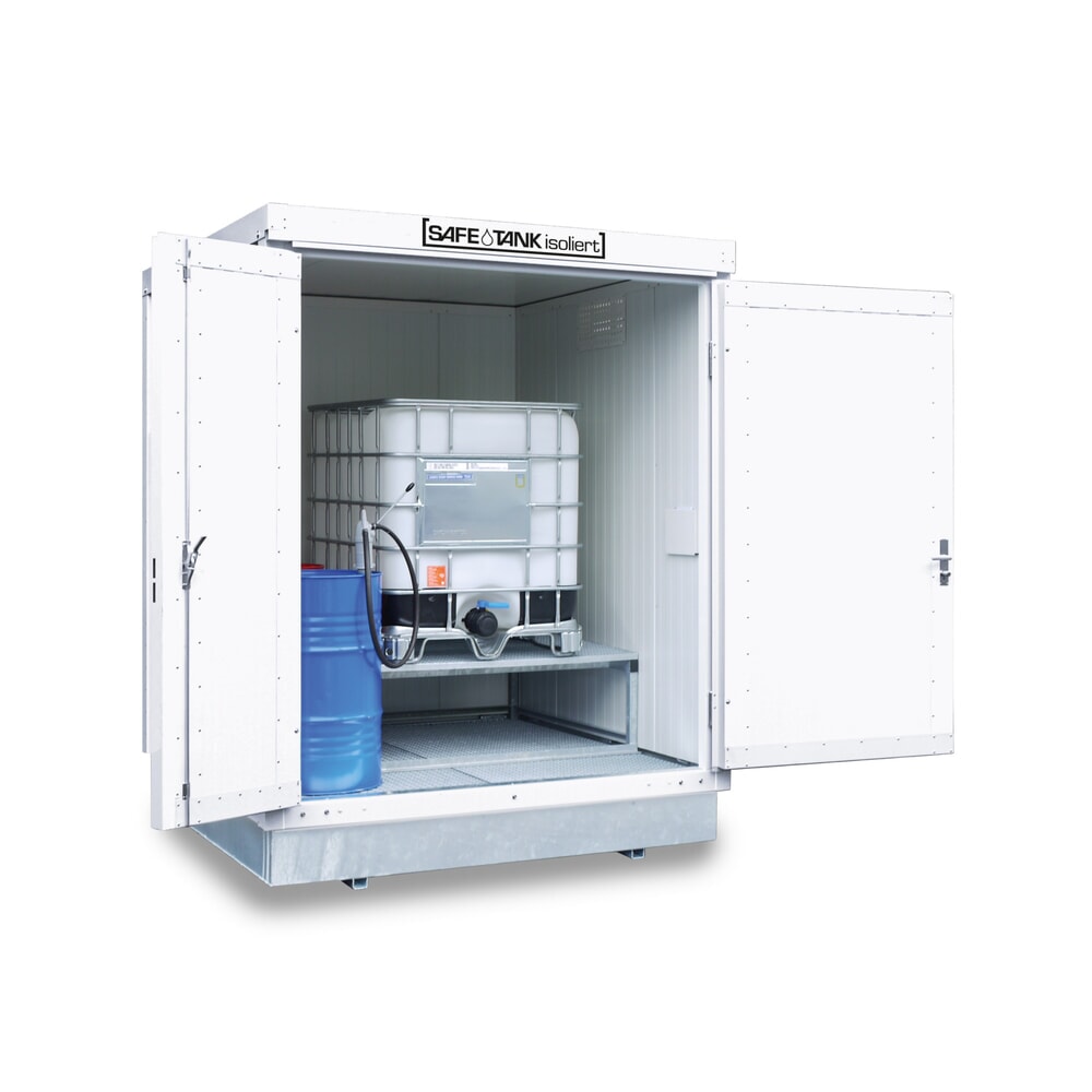 Productafbeelding nr. 1: Container voor gevaarlijke stoffen SAFE Tank 400 KTC WGK, geïsoleerd, gemonteerd, kunststof gecoat RAL 9002, buitenafmetingen 2.100x2.170x2.650 mm, dubbele draaideur (asymmetrische verdeling), centraal in de voorzijde, opslagruimte 4 m²