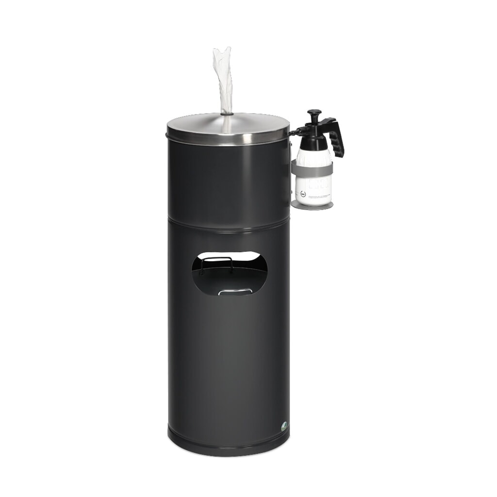 Product afbeelding: Desinfectiestation VAR®, voor papieren doekjes, met flessenhouder en inzetbak, gepoedercoat