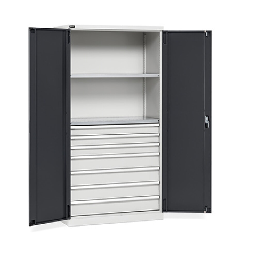 Product afbeelding: Draaideurkast Fami PERFOM, 7 lades, 2 legborden, hxbxd 2.000 x 1.023 x 726 mm, lichtgrijs, antraciet