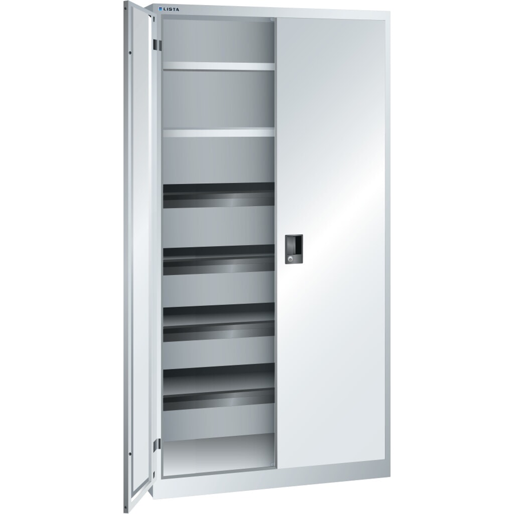 Draaideurkast LISTA, (bxdxh) 1000x580x1950 mm, 4 uittrekbare en 2 verstelbare legborden, lichtgrijs, KEY Lock Product afbeelding: Draaideurkast LISTA, (bxdxh) 1000x580x1950 mm, 4 uittrekbare en 2 verstelbare legborden, lichtgrijs, KEY Lock