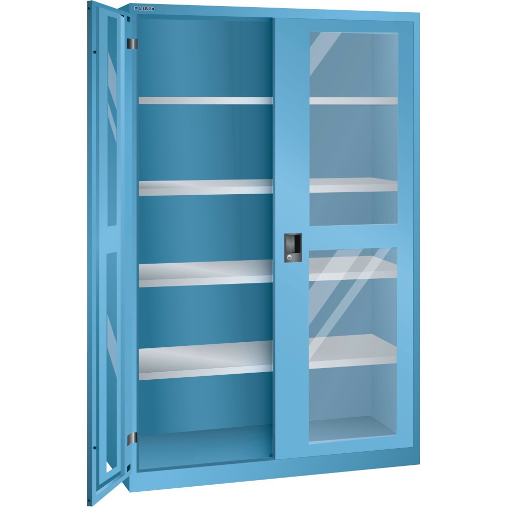Product afbeelding: Draaideurkast LISTA met kijkvenster, (bxdxh) 1250x500x1950 mm, 4 verstelbare legborden, lichtblauw, KEY Lock