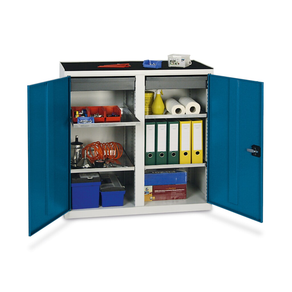 Draaideurkast met 2 laden en 4 bakken, hxbxd 1.000 x 1.000 x 500 mm, grijs Product afbeelding: Draaideurkast met 2 laden en 4 bakken, hxbxd 1.000 x 1.000 x 500 mm, grijs