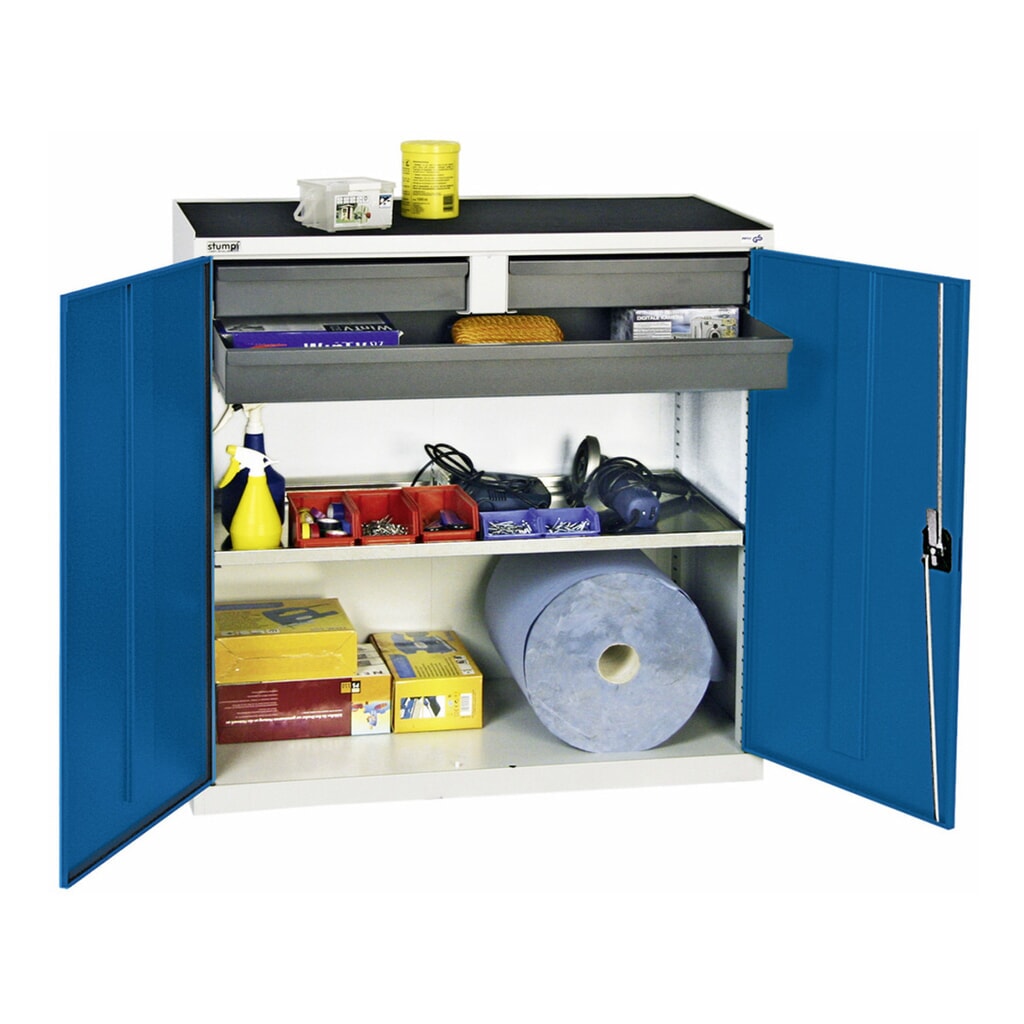 Product afbeelding: Draaideurkast met 3 laden en 1 bak, hxbxd 1.000 x 1.000 x 500 mm, grijs/blauw