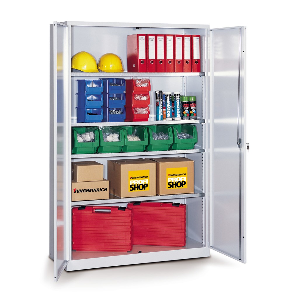 Product afbeelding: Draaideurkast met 4 verzinkte legborden, hxbxd 1950 x 1250 x 400 mm, lichtgrijs, robijnrood