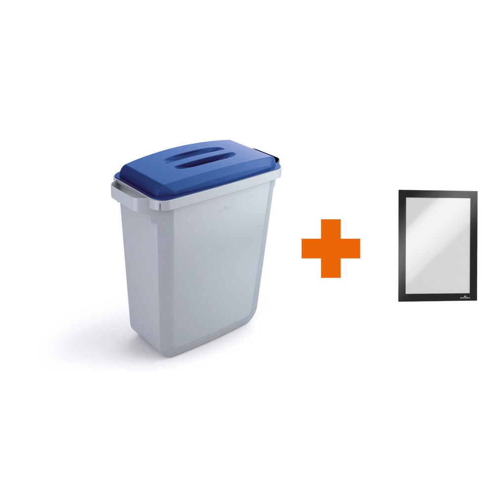 Product afbeelding: DURABLE afvalbak DURABIN® 60L met deksel + informatiekader DURAFRAME®, blauw
