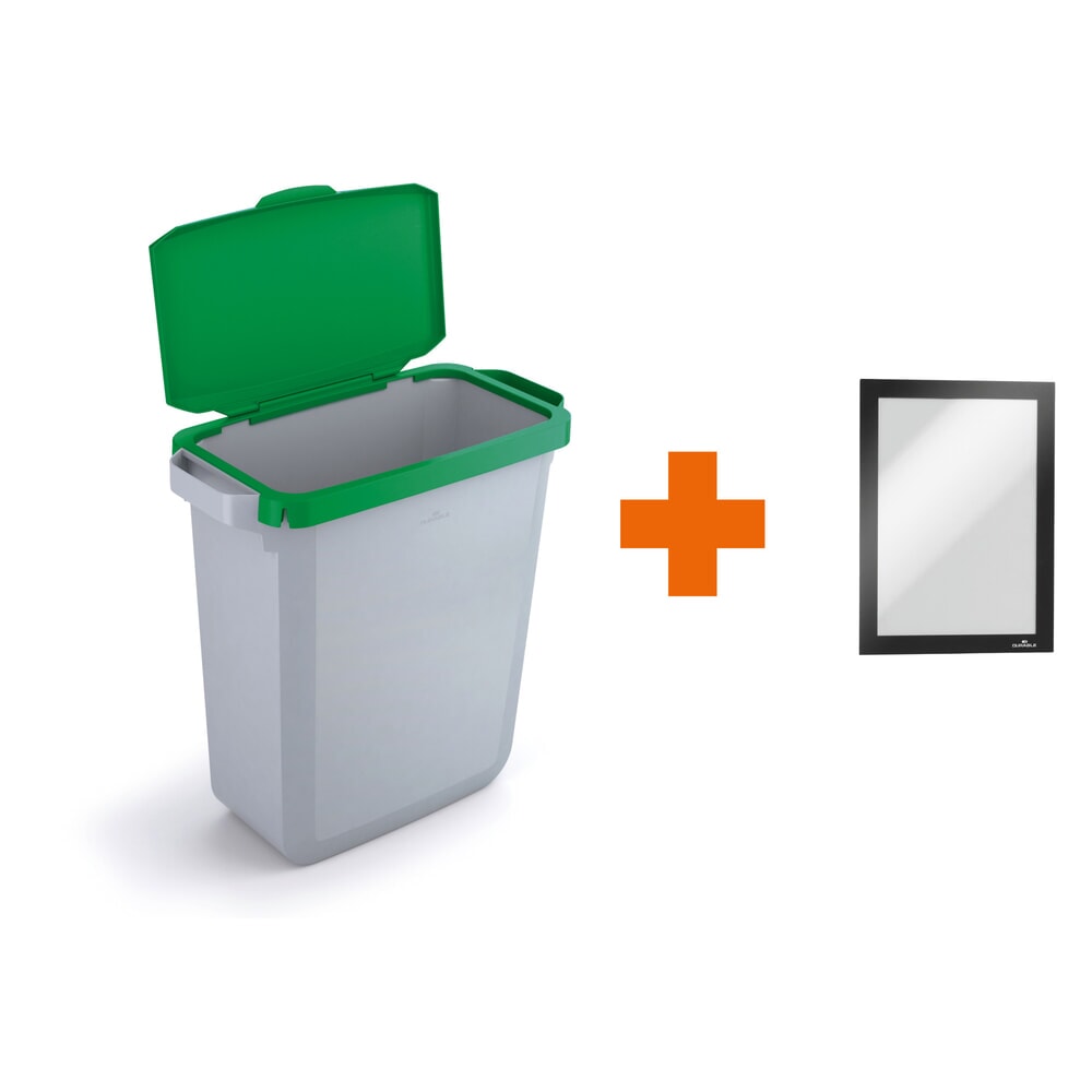 Product afbeelding: DURABLE afvalbak DURABIN 60L met klapdeksel + infoframe DURAFRAME, groen.