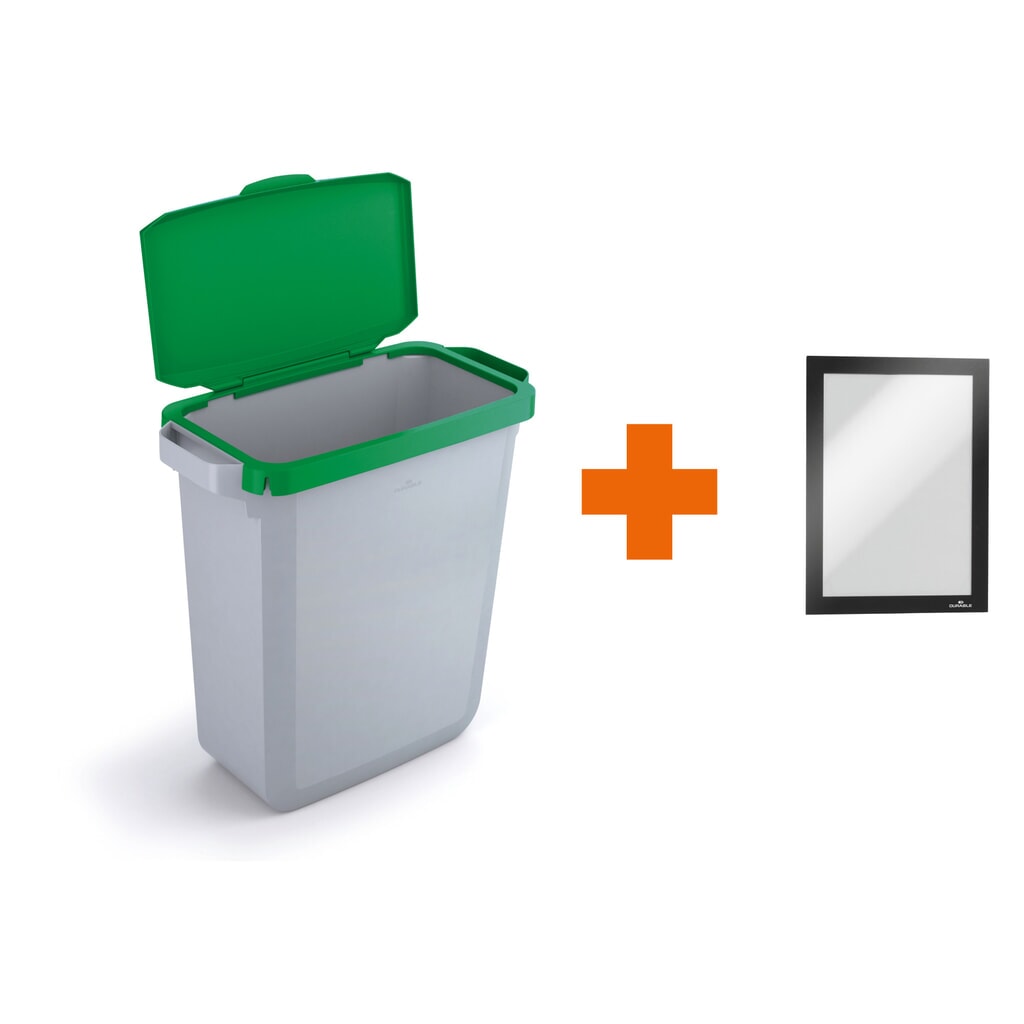 DURABLE afvalbak DURABIN 60L met klapdeksel + infoframe DURAFRAME, groen. Product afbeelding: DURABLE afvalbak DURABIN 60L met klapdeksel + infoframe DURAFRAME, groen.
