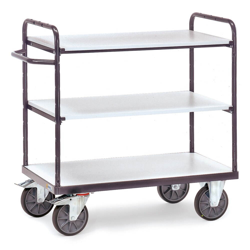 Productafbeelding nr. 1: ESD-etagewagen fetra®, met houten legborden, 3 laadvlakken van 600 x 1.000 mm, hoogte 1152 mm