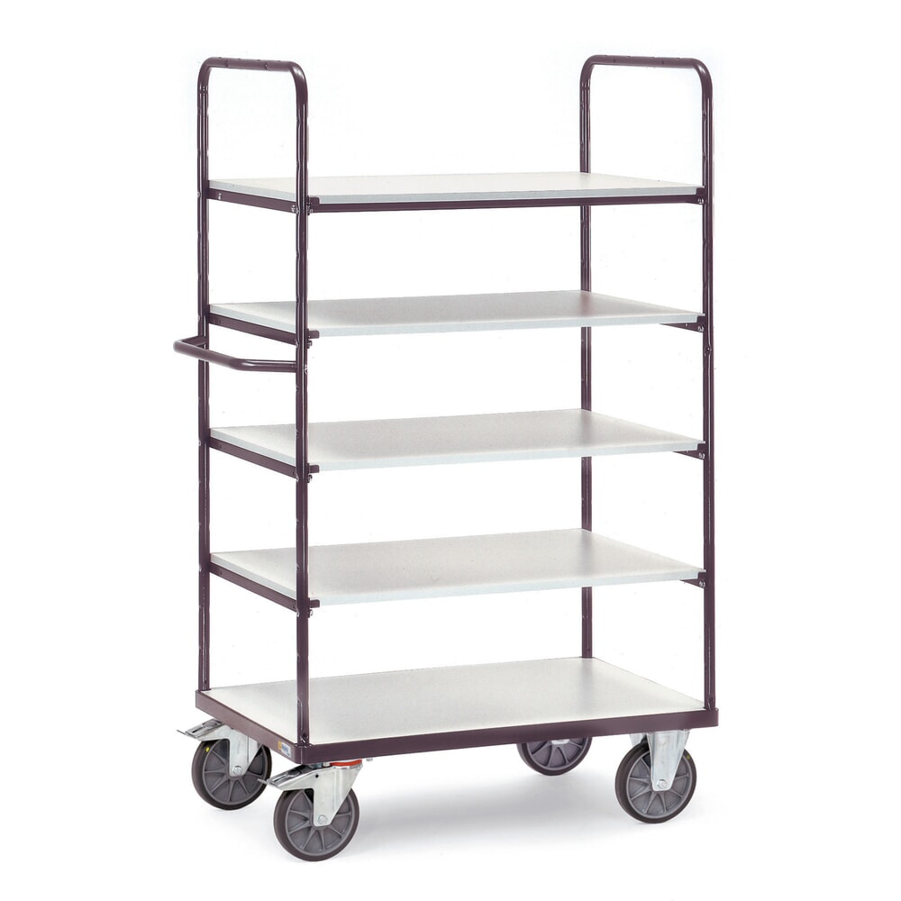 Productafbeelding nr. 1: ESD-etagewagen fetra®, met houten legborden, 5 laadvlakken van 500 x 850 mm, hoogte 1.800 mm