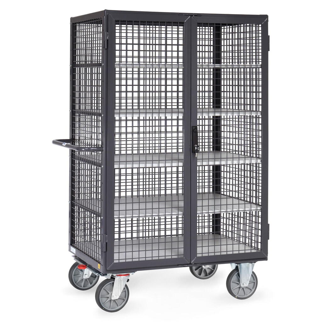 Product afbeelding: ESD-kastwagen fetra®, draagvermogen 750 kg, gaaswanden, met dubbele draaideur, 5 etages van 1.000 x 680 mm