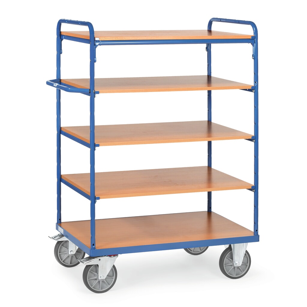 Etagewagen fetra® met houten legborden, 5 etages van 1.000 x 600 mm, hoogte 1.552 mm Product afbeelding: Etagewagen fetra® met houten legborden, 5 etages van 1.000 x 600 mm, hoogte 1.552 mm