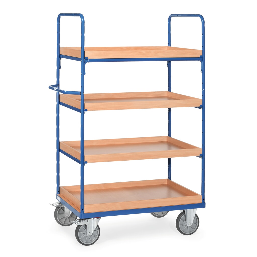 Etagewagen fetra® met legborden met opstaande rand, 4 etages van 1.000 x 700 mm, hoogte 1.800 mm Product afbeelding: Etagewagen fetra® met legborden met opstaande rand, 4 etages van 1.000 x 700 mm, hoogte 1.800 mm