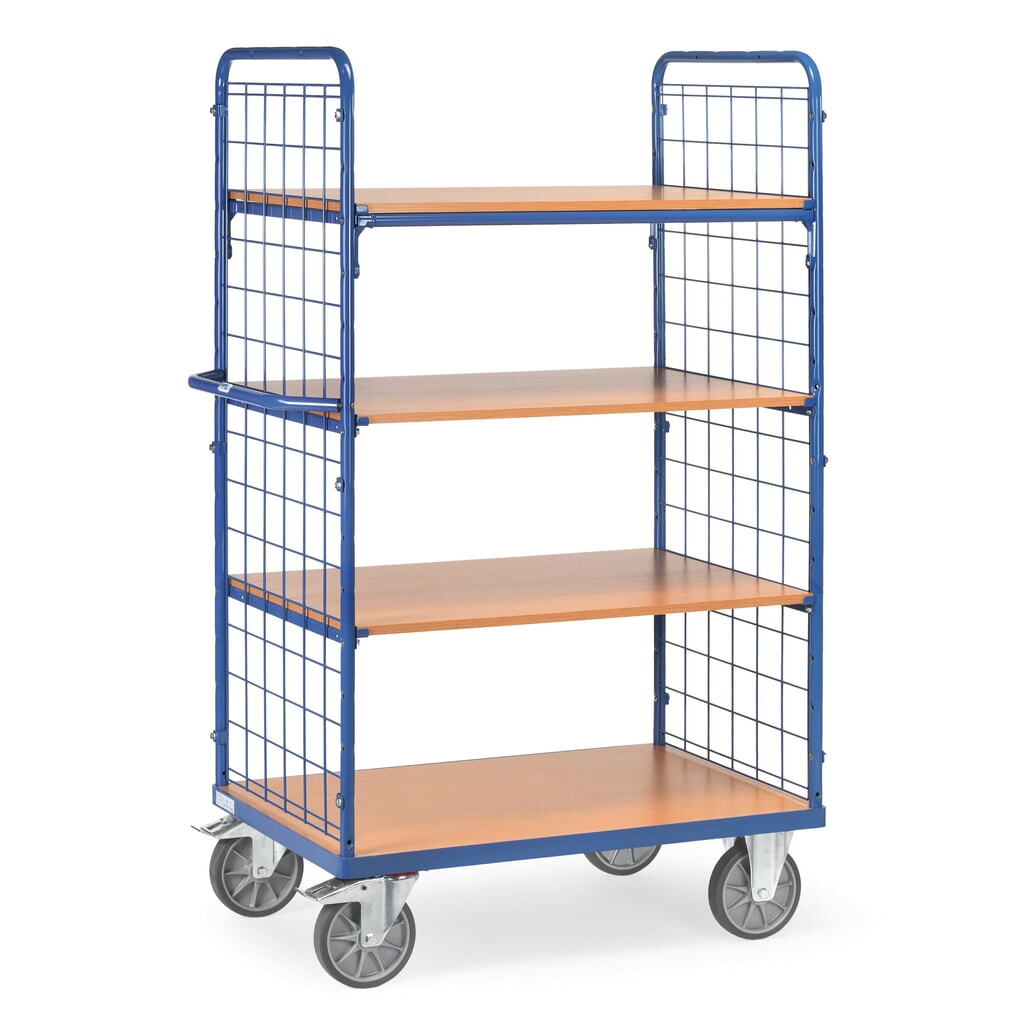Etagewagen fetra® met vaste legborden, 2 gaaswanden, 4 etages van 1.000 x 700 mm Product afbeelding: Etagewagen fetra® met vaste legborden, 2 gaaswanden, 4 etages van 1.000 x 700 mm