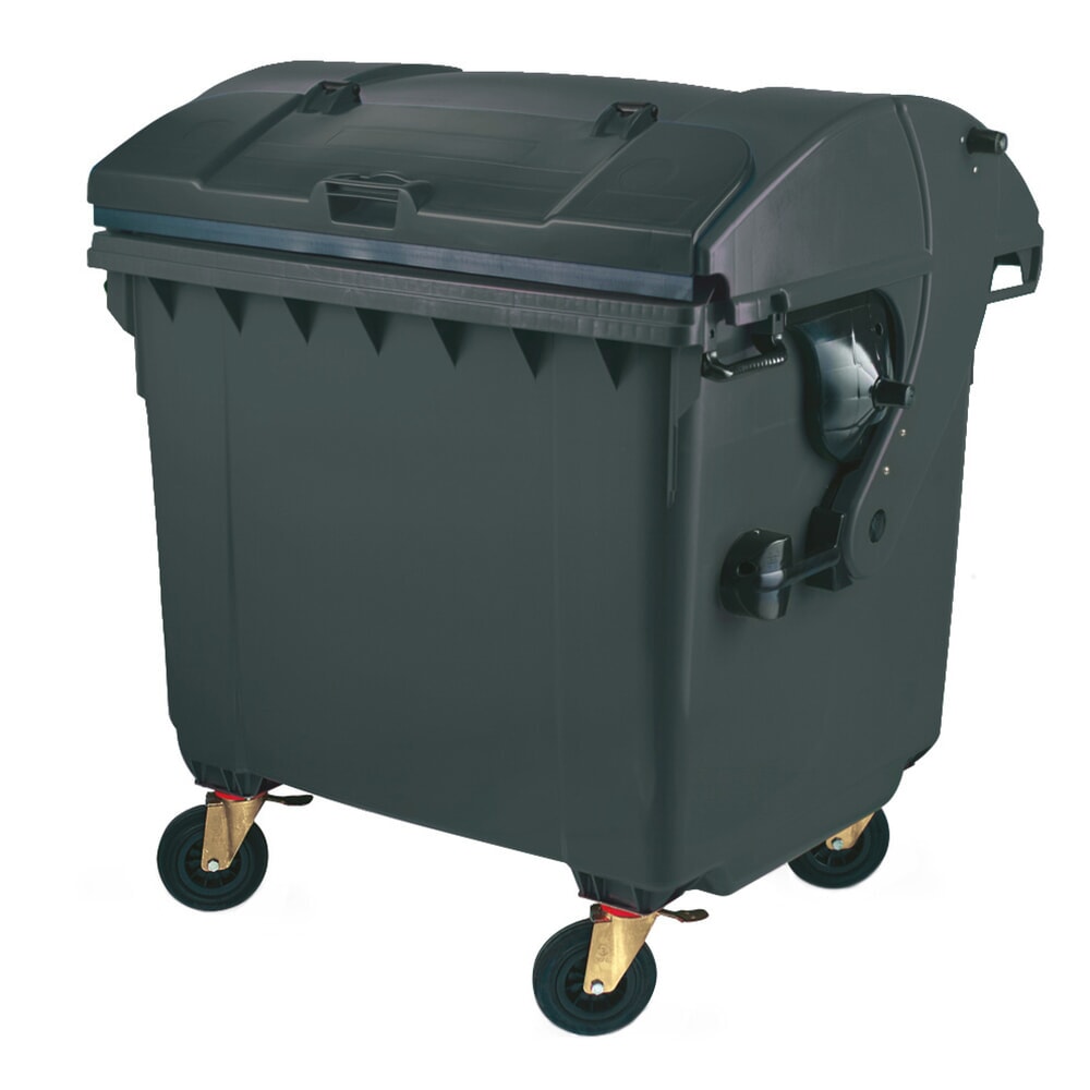 Product afbeelding: Mobiele grote vuilnisbak met 4 wielen, rond deksel met klep, 1.100 liter, zwartgrijs, klep zwartgrijs