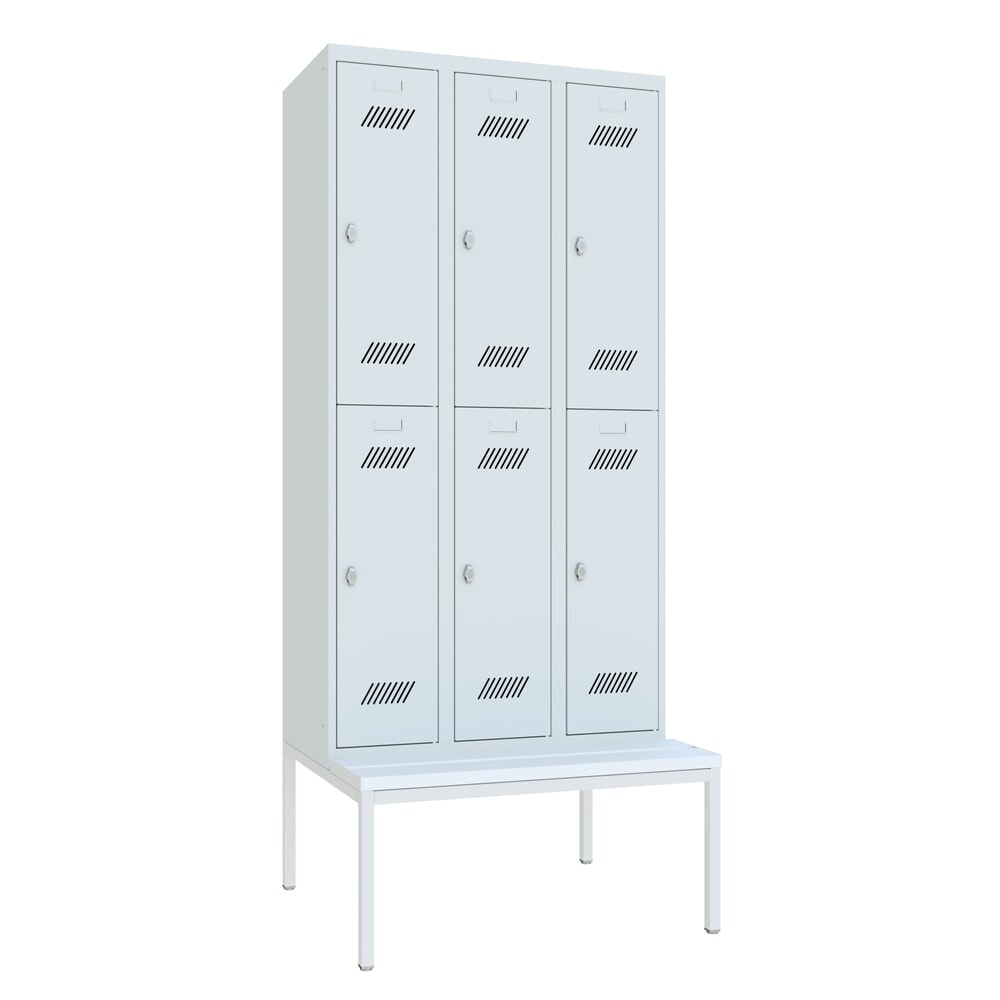 Product afbeelding: Garderobekast met zitbank PAVOY, 2 etages, 3 x 2 vakken van 300 mm, draaivergrendeling, lichtgrijs, lichtgrijs