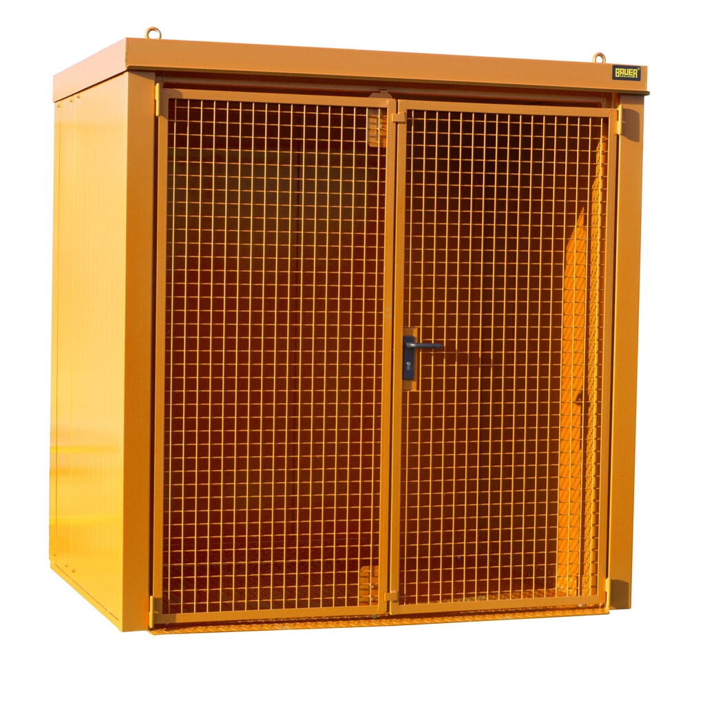 Gasflescontainer voor max. 35 flessen, brandbestendig, geeloranje Product afbeelding: Gasflescontainer voor max. 35 flessen, brandbestendig, geeloranje
