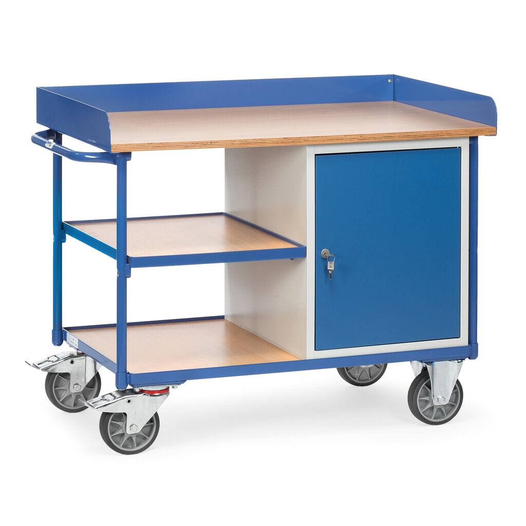 Gereedschapswagen fetra® met hoge rand, kast, 3 planken, draagvermogen 400 kg Product afbeelding: Gereedschapswagen fetra® met hoge rand, kast, 3 planken, draagvermogen 400 kg