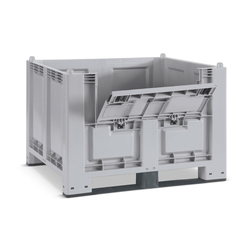 Grote bak van polypropyleen, 550 liter, met traversen + klep, grijs Product afbeelding: Grote bak van polypropyleen, 550 liter, met traversen + klep, grijs
