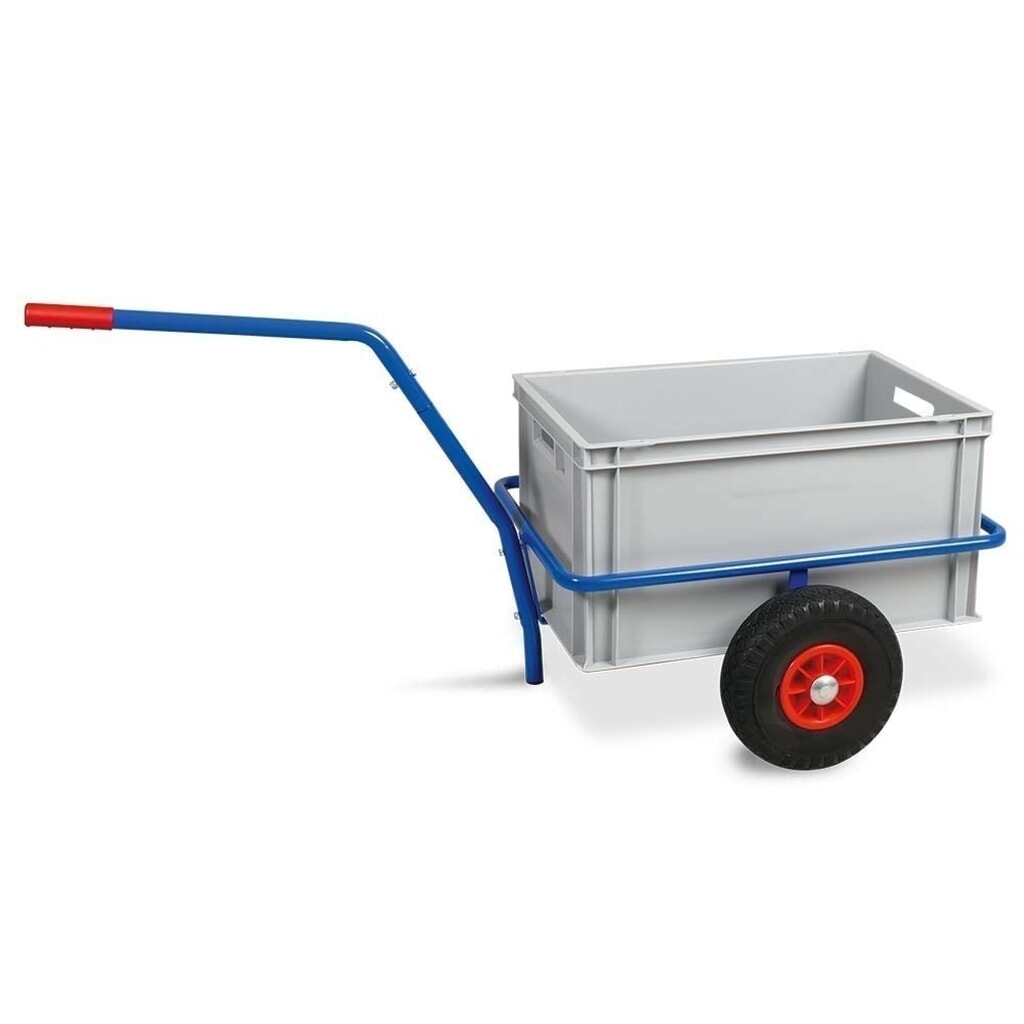 Handwagen van stalen buizen, draagvermogen 200 kg, met kunststof bak van 63 liter Product afbeelding: Handwagen van stalen buizen, draagvermogen 200 kg, met kunststof bak van 63 liter