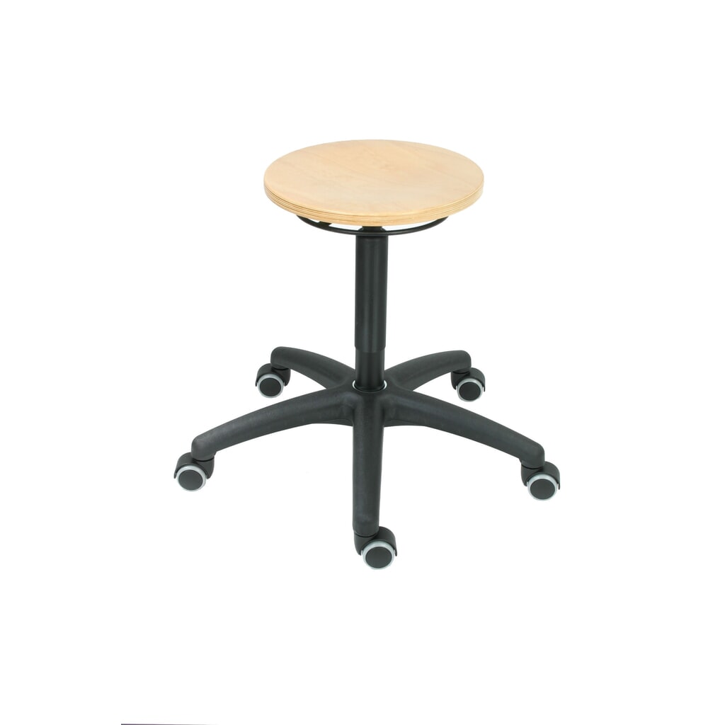 Product afbeelding: Ronde kruk HEMMDAL, zitting van beukenhout, zithoogte 430-620 mm, wielen