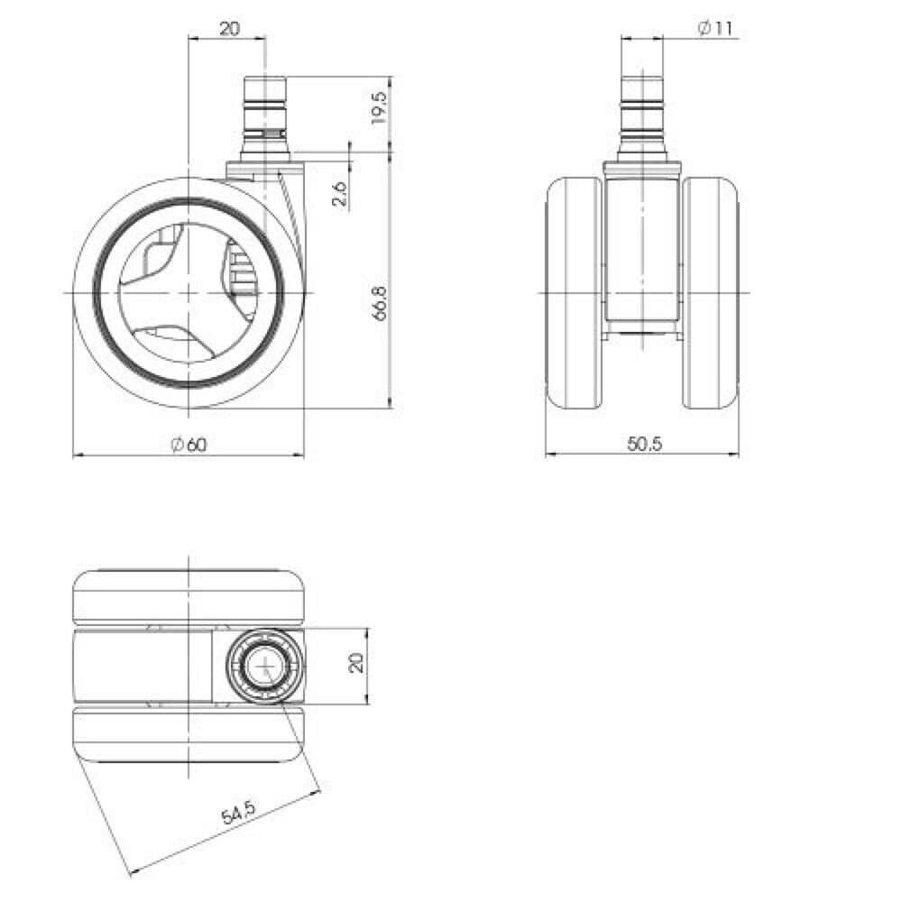 Productafbeelding nr. 4: Wielen voor harde vloeren 5x hjh OFFICE ROLO GAME 11 mm / 60 mm bureaustoelwielen No-Noise, (set van 5)