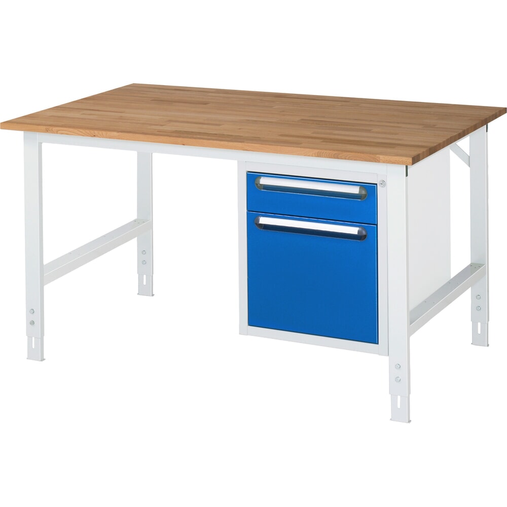 Productafbeelding nr. 1: In hoogte verstelbare werktafel RAU serie TOM, hxbxd 760-1.080 x 1.500 x 1.000 mm, 2 lades, massief beuken werkblad