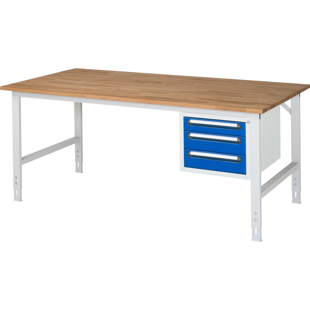Productafbeelding nr. 1: In hoogte verstelbare werktafel RAU serie TOM, hxbxd 760-1.080 x 2.500 x 1.000 mm, 3 lades, massief beuken werkblad