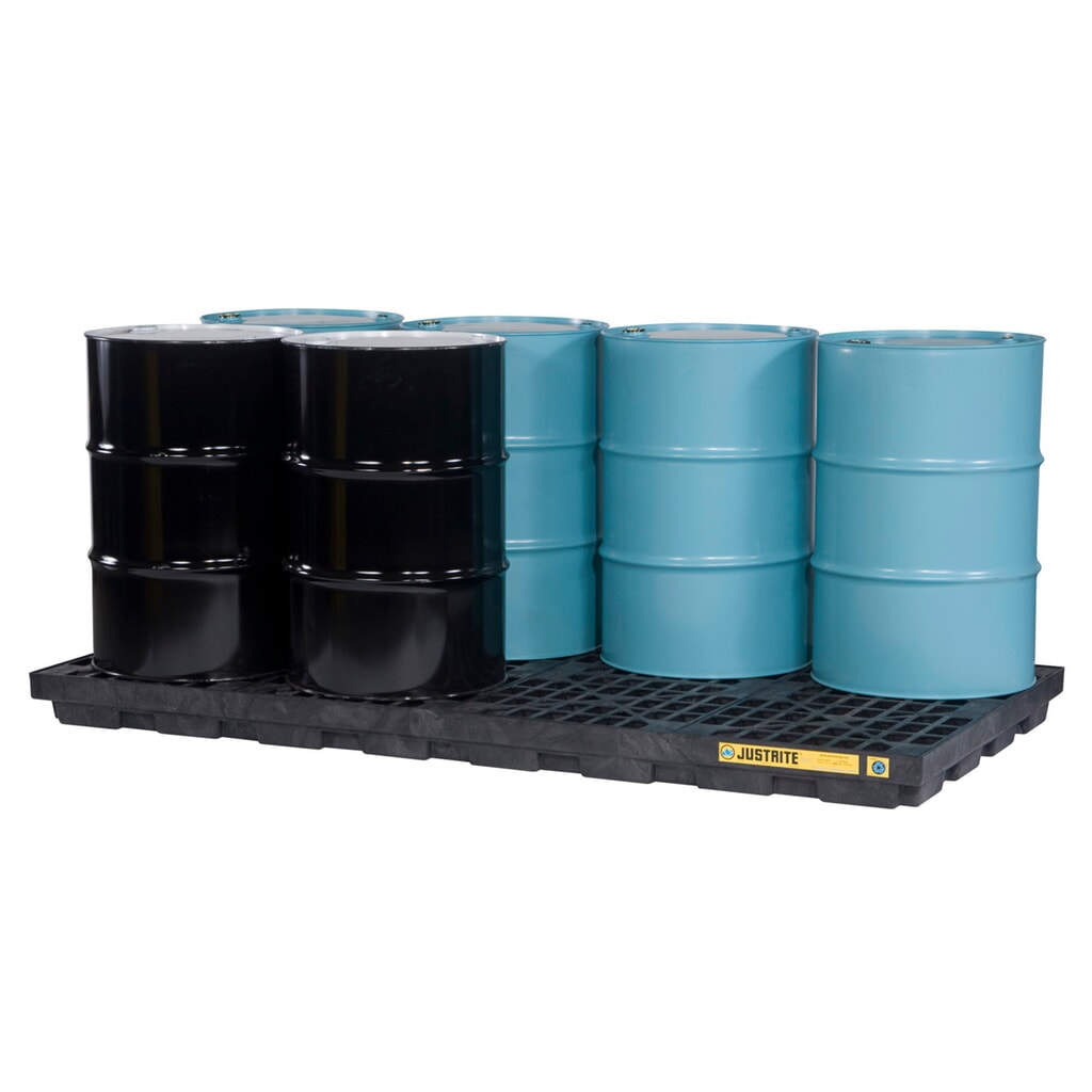 Justrite® vlak-lekbak van PE, 8x 200 l, opvangvolume 371 l, zwart Product afbeelding: Justrite® vlak-lekbak van PE, 8x 200 l, opvangvolume 371 l, zwart