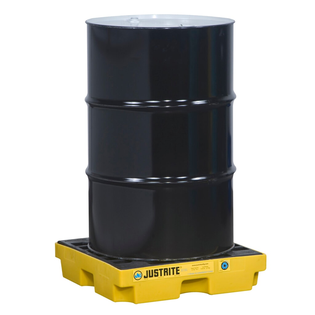 Justrite® vlak-lekbak van PE, 1x 200 l, opvangvolume 45 l, geel Product afbeelding: Justrite® vlak-lekbak van PE, 1x 200 l, opvangvolume 45 l, geel