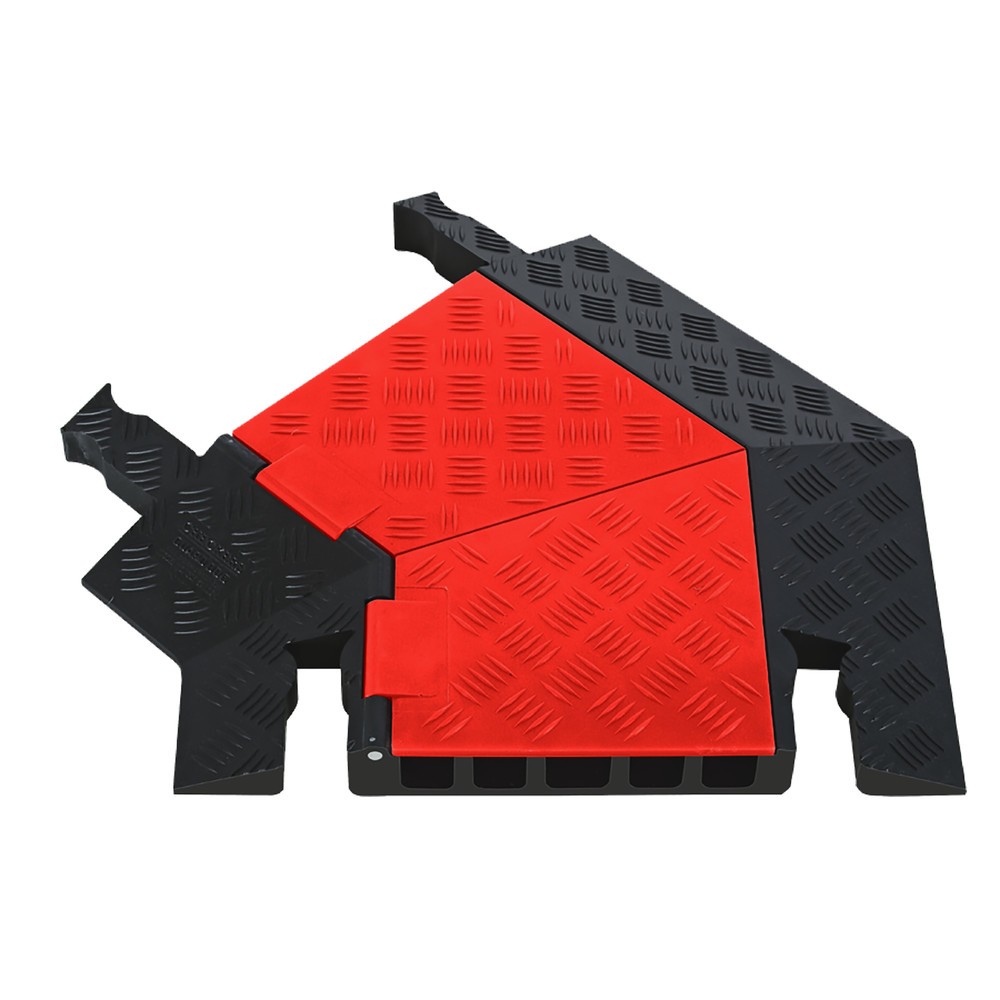 Product afbeelding: Kabelbrug Justrite® Guard Dog®, 45° bocht links, 5 kanalen, lxb 620 x 500 mm, zwart/oranje