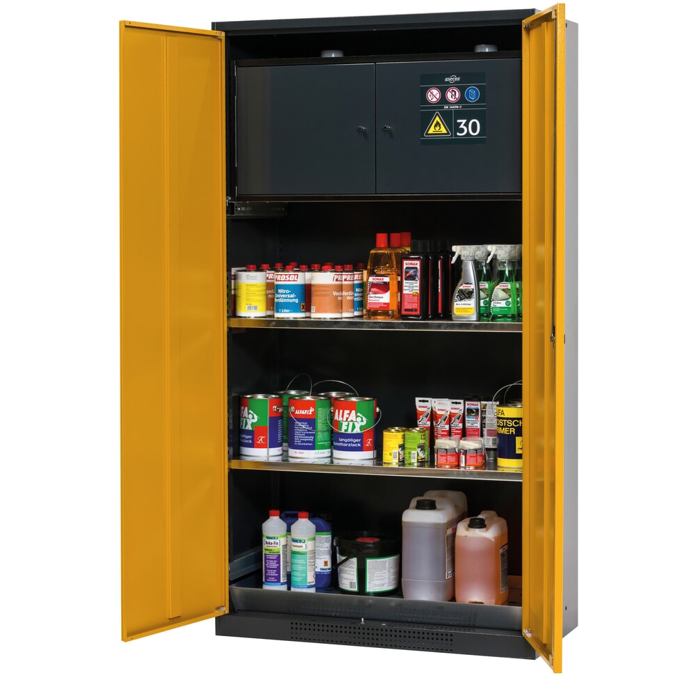Product afbeelding: asecos® chemicaliënkast CS-CLASSIC-F, met veiligheidsbox type 30, bodemlekbak met geperforeerde plaat en 2 legborden, hxbxd 1.950 x 1.055 x 520 mm, goudgeel