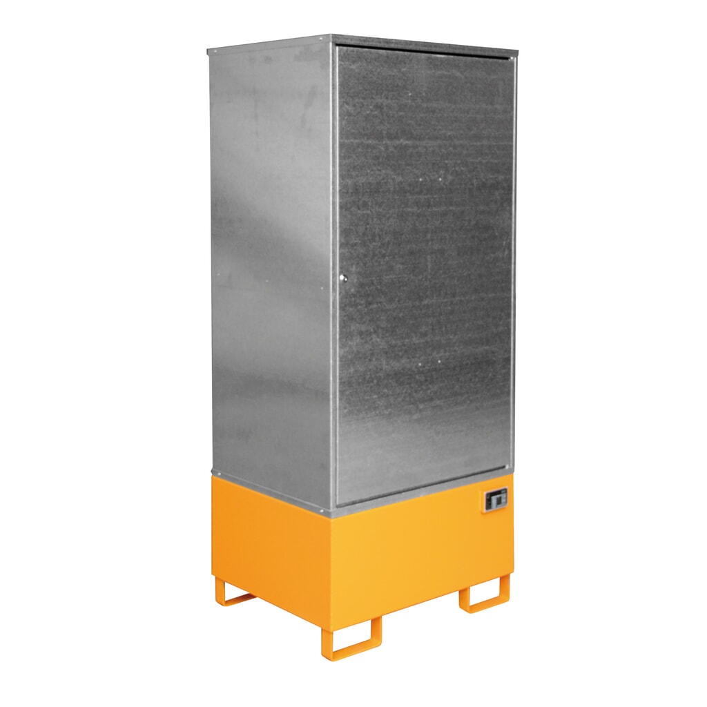 Bauer® milieukast met StawaR lekbak GS-1, voor 1 x 200 liter vat, geverfd, geeloranje Product afbeelding: Bauer® milieukast met StawaR lekbak GS-1, voor 1 x 200 liter vat, geverfd, geeloranje